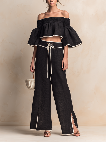 Zwarte Linnenmix Off-Shoulder Twee-Delige Set Met Contrastafwerking