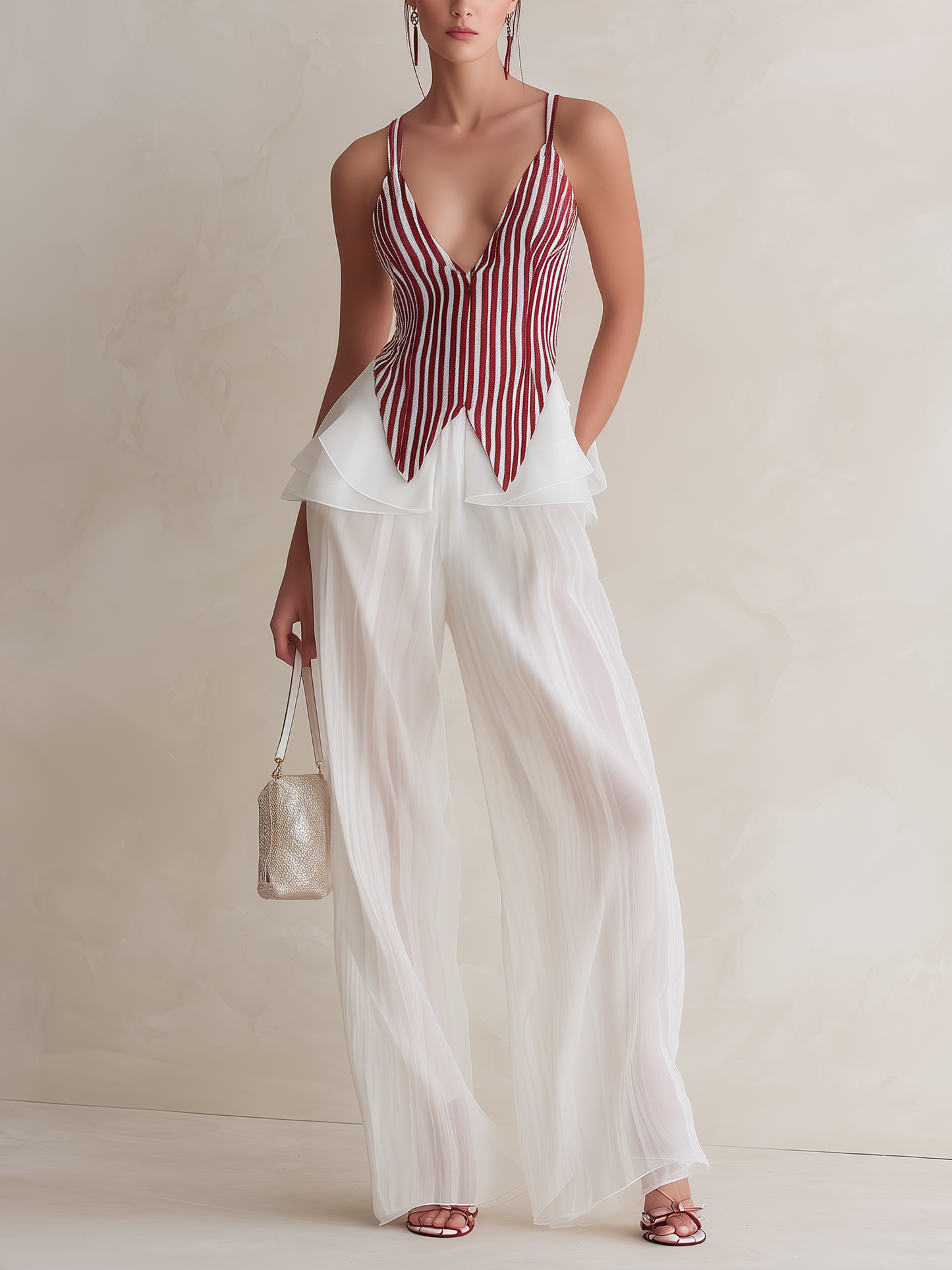 Rode Stripe Corset Top & Doorzichtige Chiffon Wijde Pantalon Twee-Delige Set