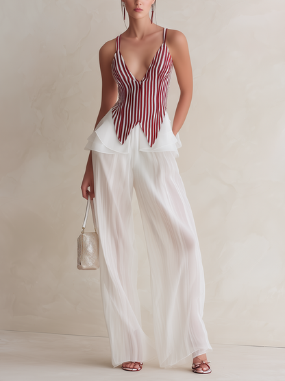 Rode Stripe Corset Top & Doorzichtige Chiffon Wijde Pantalon Twee-Delige Set