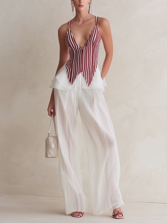Rode Stripe Corset Top & Doorzichtige Chiffon Wijde Pantalon Twee-Delige Set