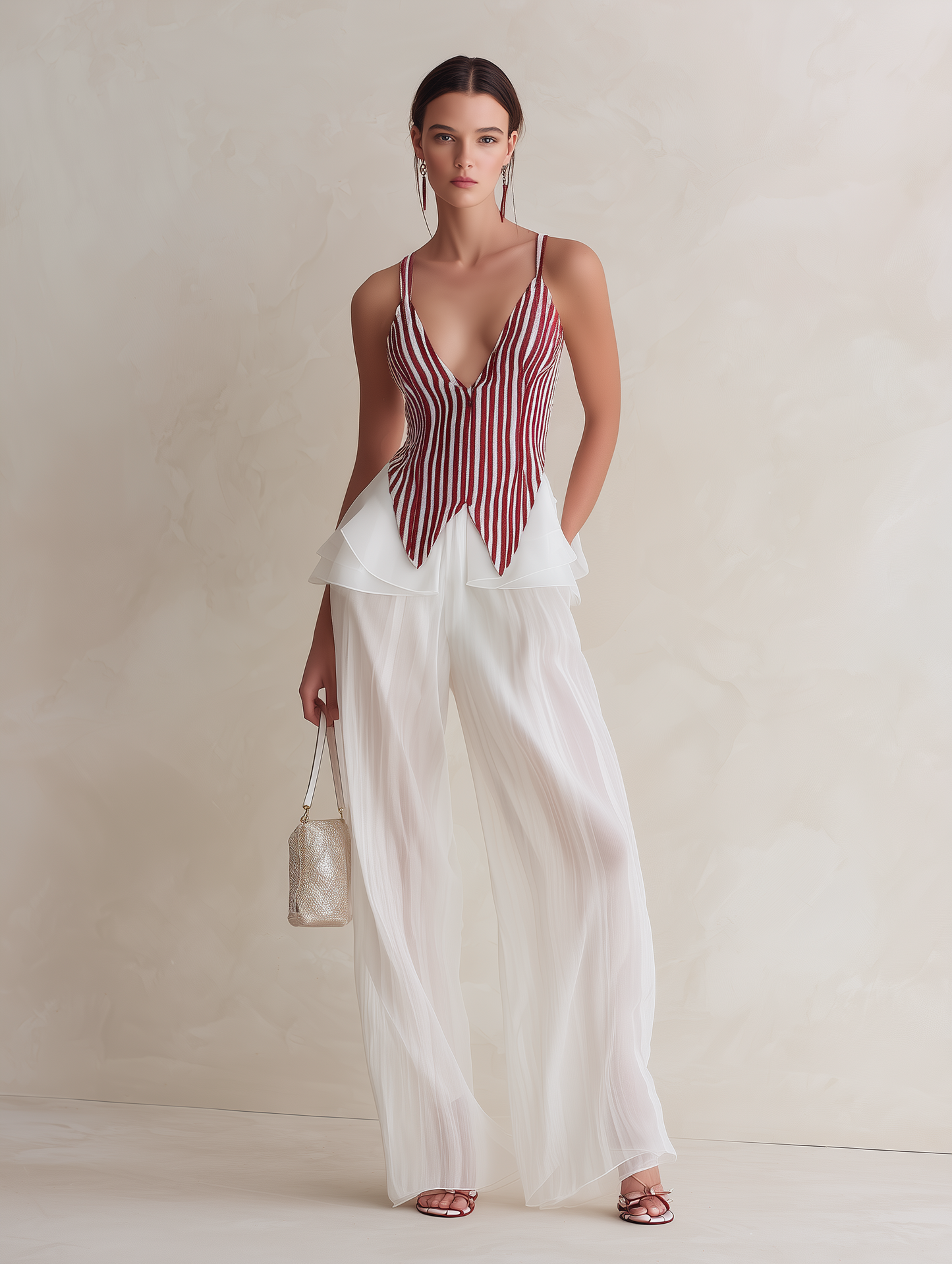 Rode Stripe Corset Top & Doorzichtige Chiffon Wijde Pantalon Twee-Delige Set