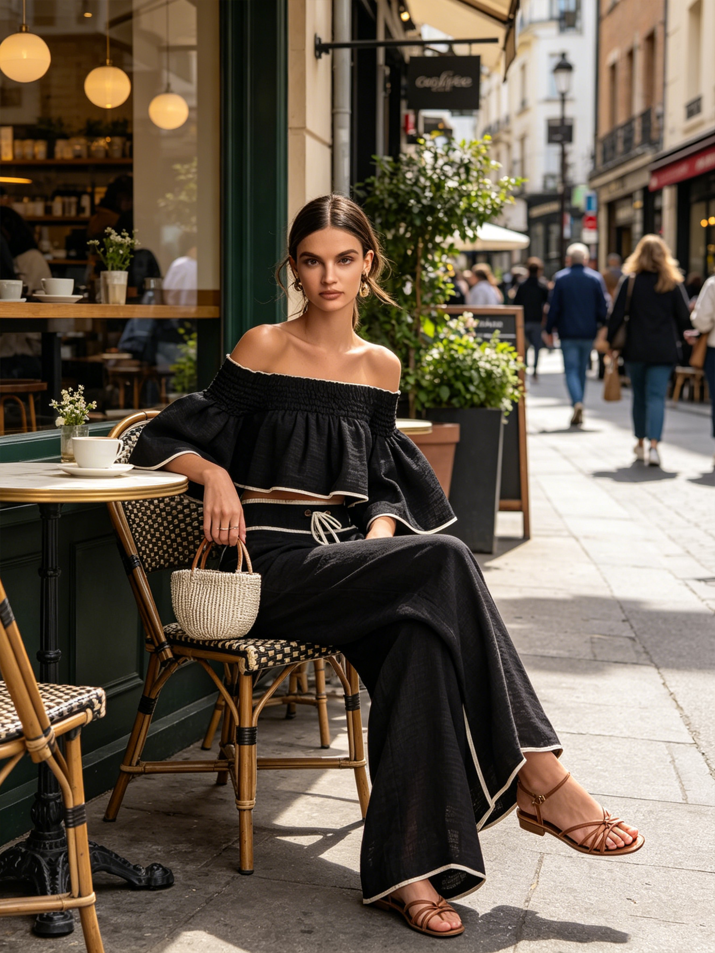 Zwarte Linnenmix Off-Shoulder Twee-Delige Set Met Contrastafwerking