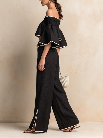 Zwarte Linnenmix Off-Shoulder Twee-Delige Set Met Contrastafwerking