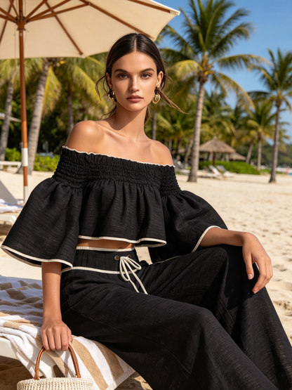 Zwarte Linnenmix Off-Shoulder Twee-Delige Set Met Contrastafwerking