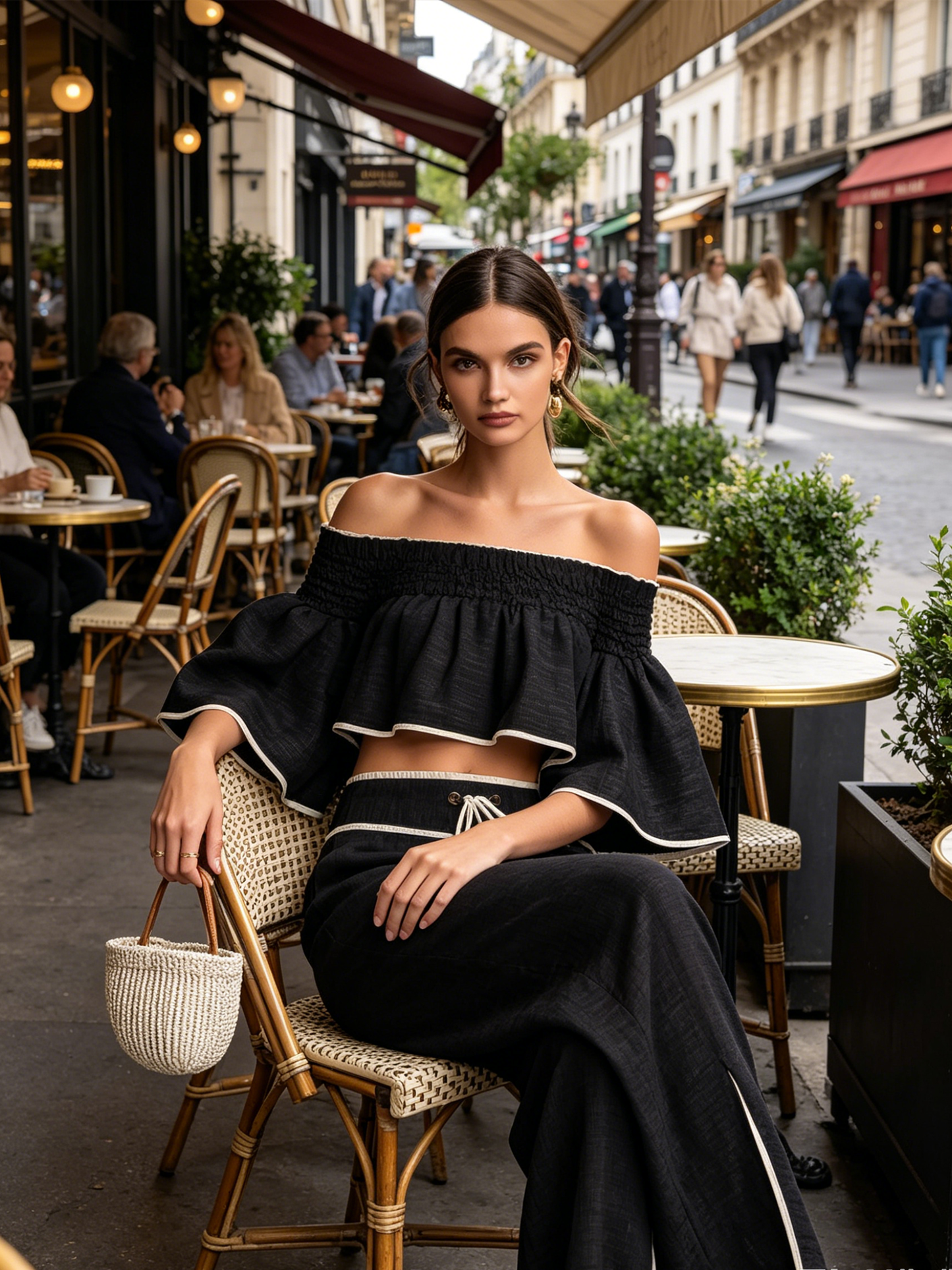 Zwarte Linnenmix Off-Shoulder Twee-Delige Set Met Contrastafwerking
