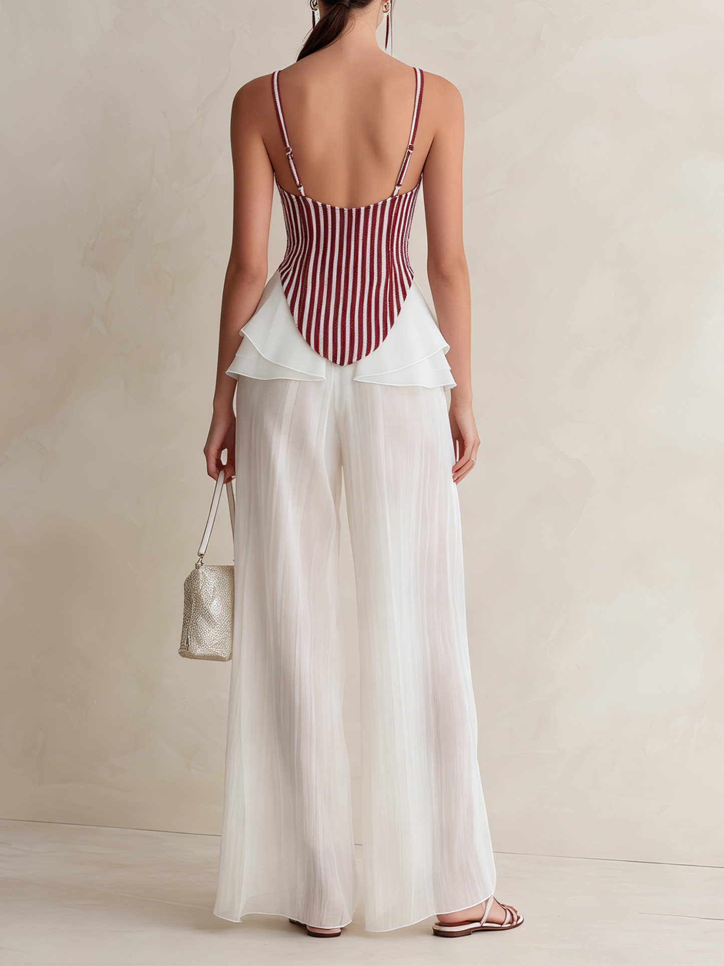 Rode Stripe Corset Top & Doorzichtige Chiffon Wijde Pantalon Twee-Delige Set