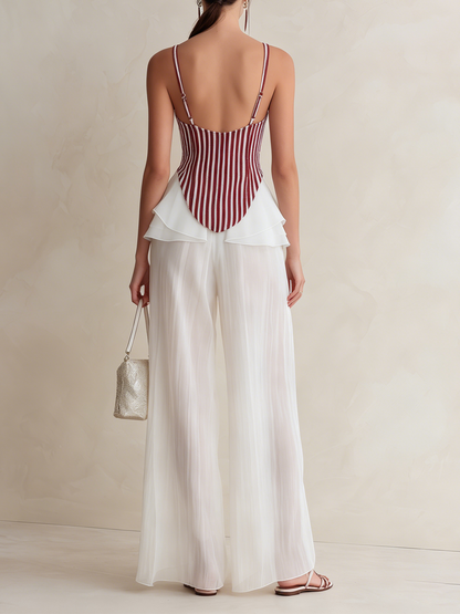 Rode Stripe Corset Top & Doorzichtige Chiffon Wijde Pantalon Twee-Delige Set