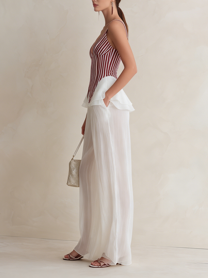 Rode Stripe Corset Top & Doorzichtige Chiffon Wijde Pantalon Twee-Delige Set