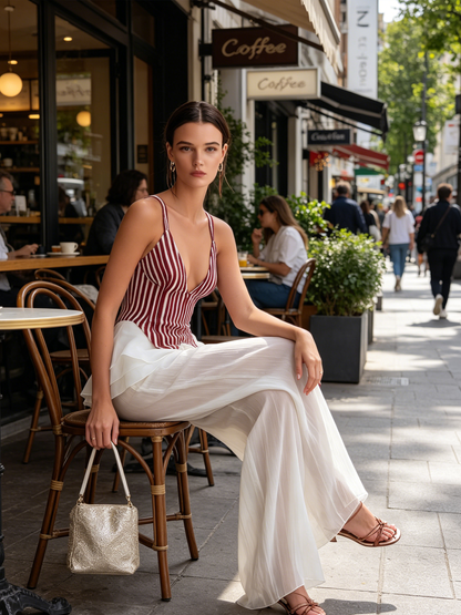 Rode Stripe Corset Top & Doorzichtige Chiffon Wijde Pantalon Twee-Delige Set