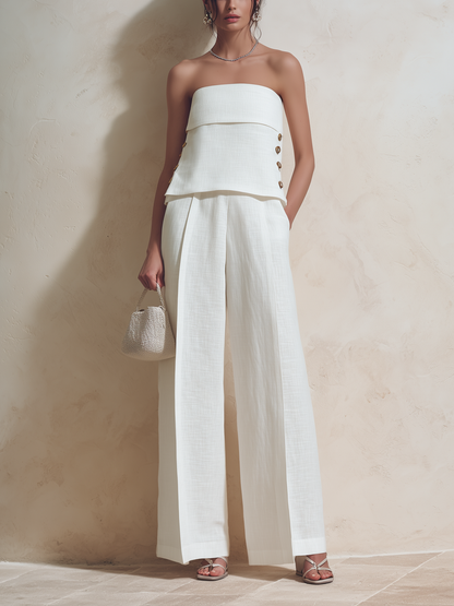 Witte Linnenmix Strapless Tube Top & Hoge Taille Wijde Pantalon Set