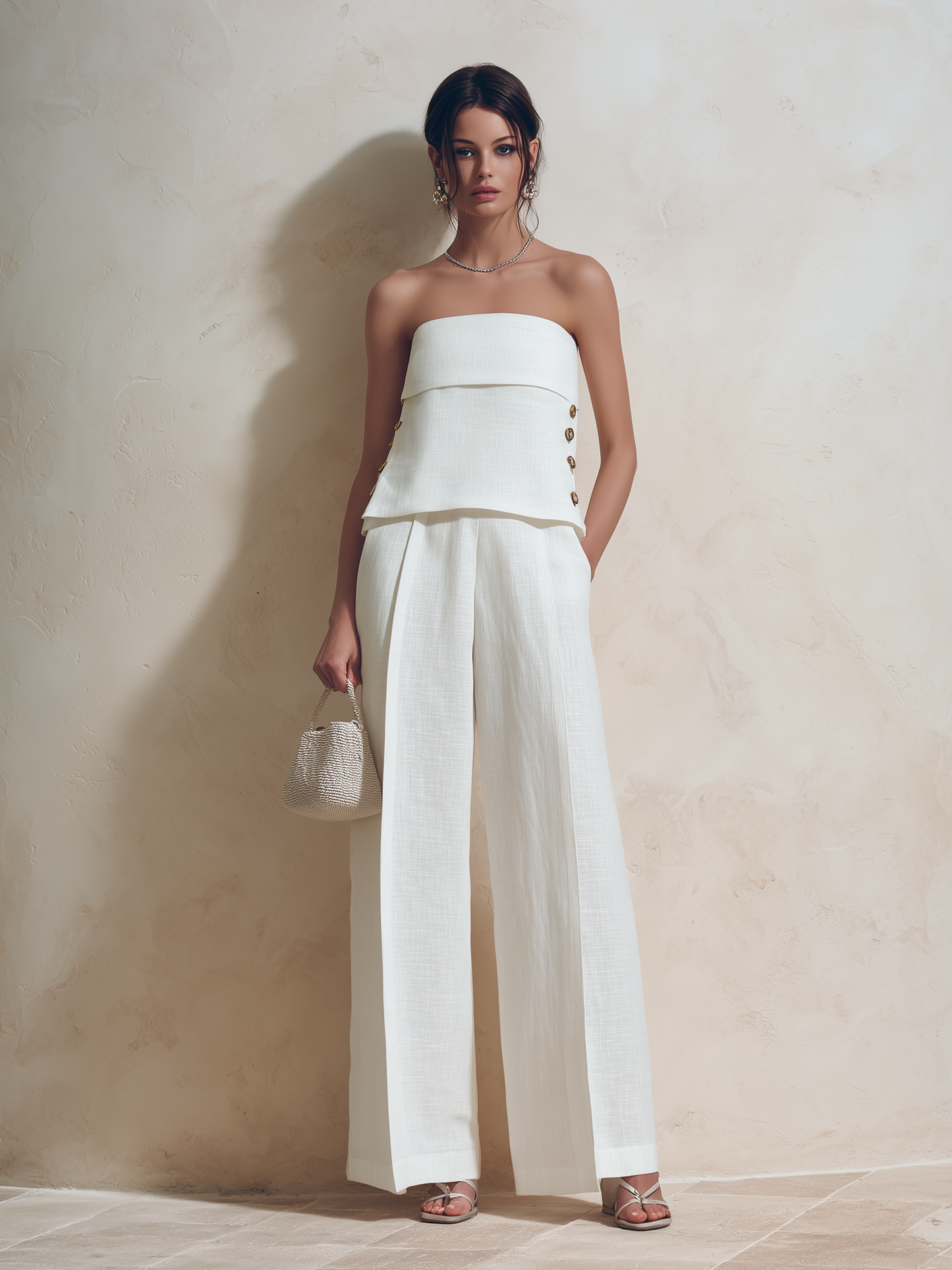 Witte Linnenmix Strapless Tube Top & Hoge Taille Wijde Pantalon Set
