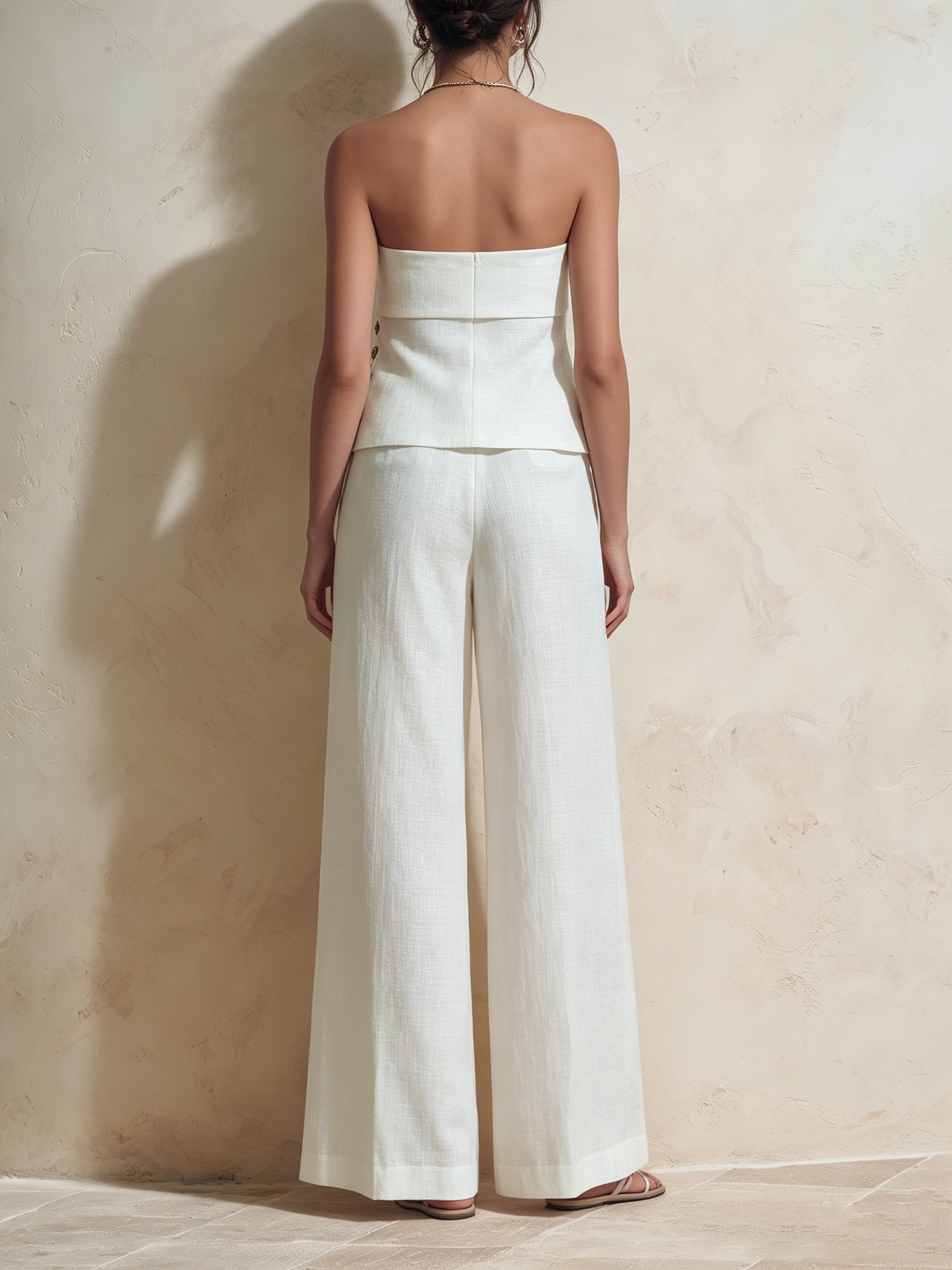 Witte Linnenmix Strapless Tube Top & Hoge Taille Wijde Pantalon Set