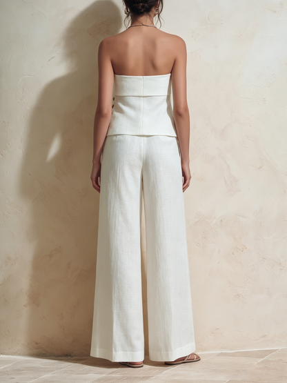 Witte Linnenmix Strapless Tube Top & Hoge Taille Wijde Pantalon Set