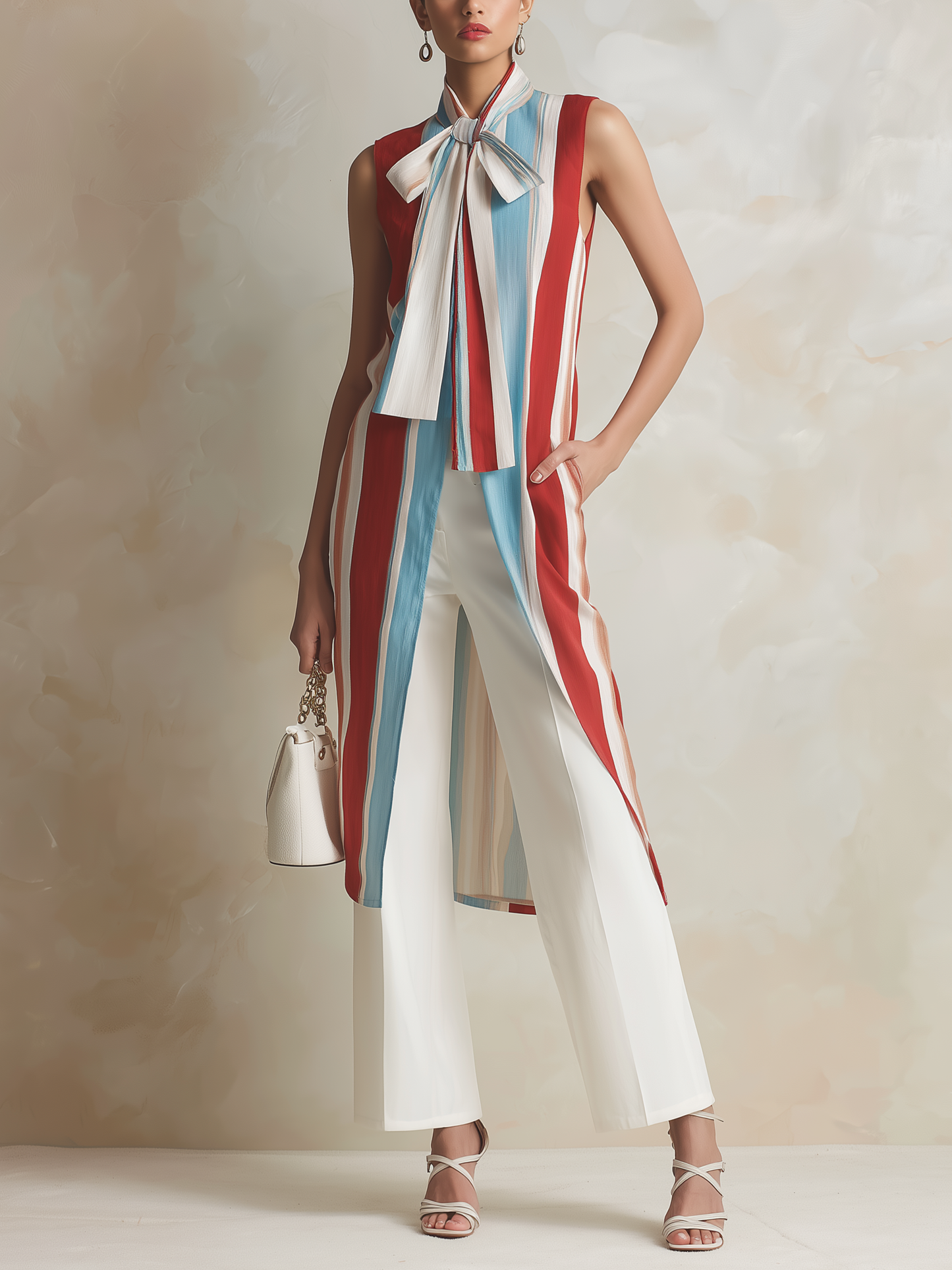 Gestreepte Lange Mouwloze Vest & Brede Pantalon Set