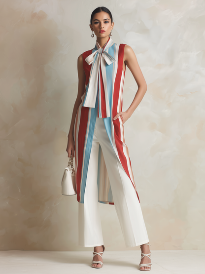 Gestreepte Lange Mouwloze Vest & Brede Pantalon Set
