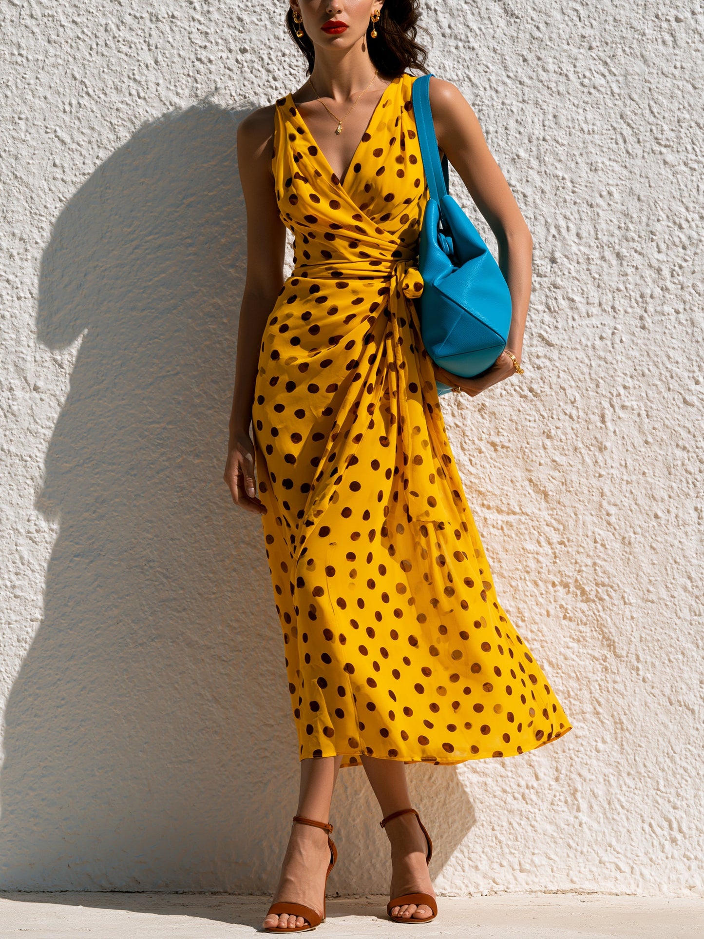 Midi-jurk met vintage rand en stippenpatroon