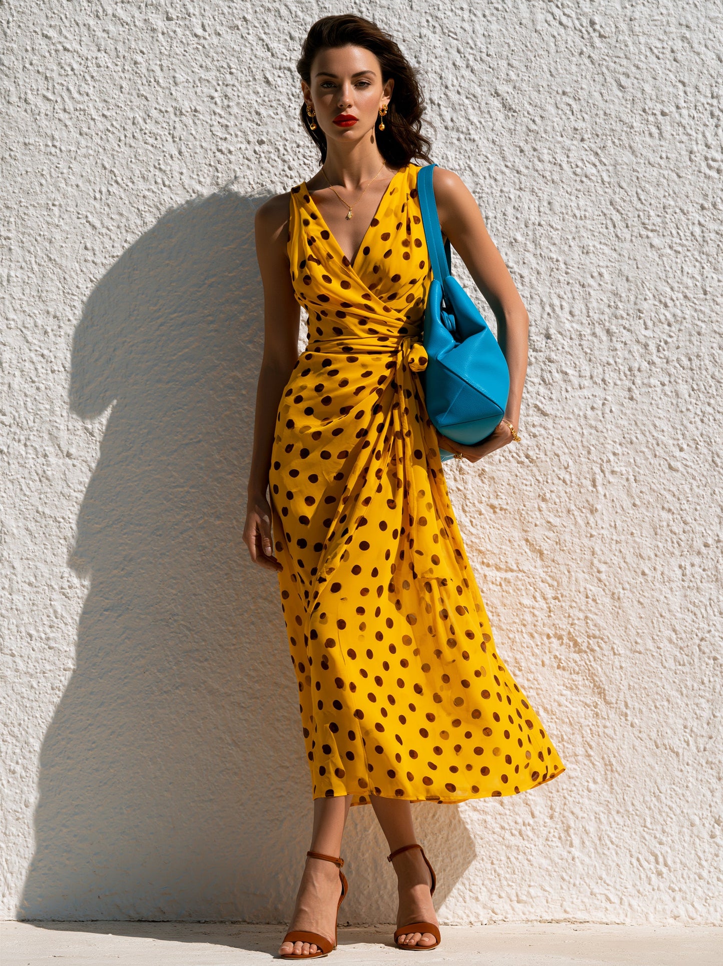 Midi-jurk met vintage rand en stippenpatroon
