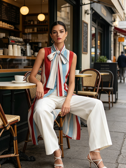 Gestreepte Lange Mouwloze Vest & Brede Pantalon Set