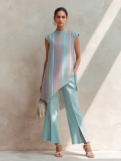 Lichtblauwe Asymmetrische Gestreepte Tuniek & Split Wijd-Pantalon Set