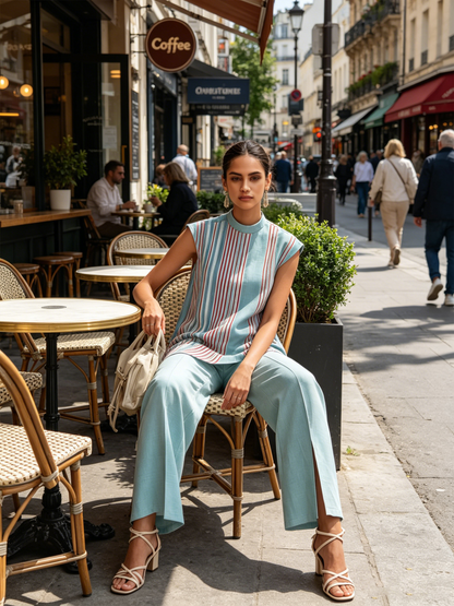 Lichtblauwe Asymmetrische Gestreepte Tuniek & Split Wijd-Pantalon Set
