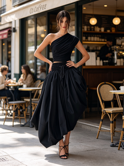 Zwarte Asymmetrische Top met Één Schouder & Hoog-Waisted Bubble Rok Set