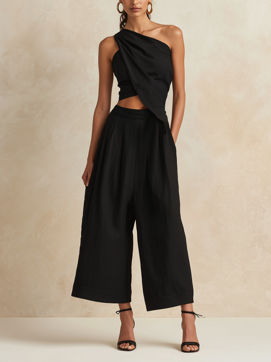 Zwarte Asymmetrische Top met Één Schouder & Hoge Taille Culotte Set