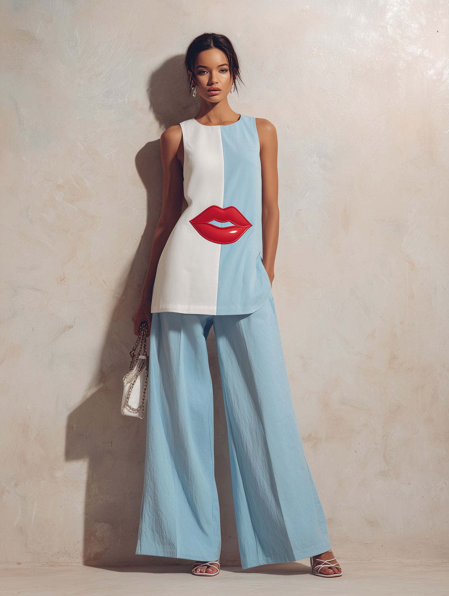 Twee-Tonige Lippenprint Mouwloze Tuniek & Wijde Broek Set