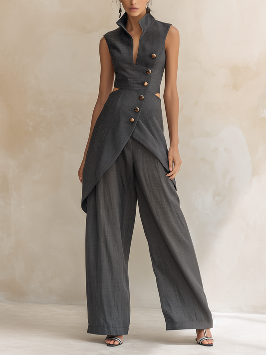 Houten Asymmetrische Cutout Vest & Wijde Pantalon Set