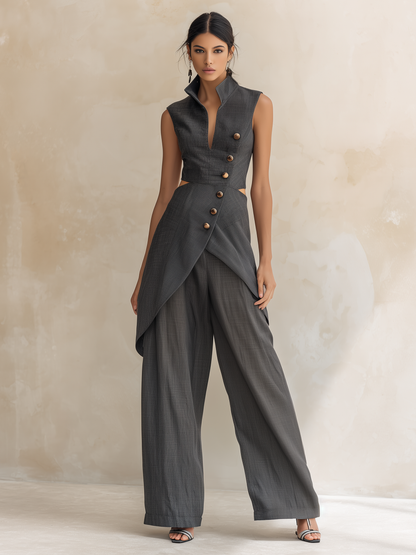 Houten Asymmetrische Cutout Vest & Wijde Pantalon Set