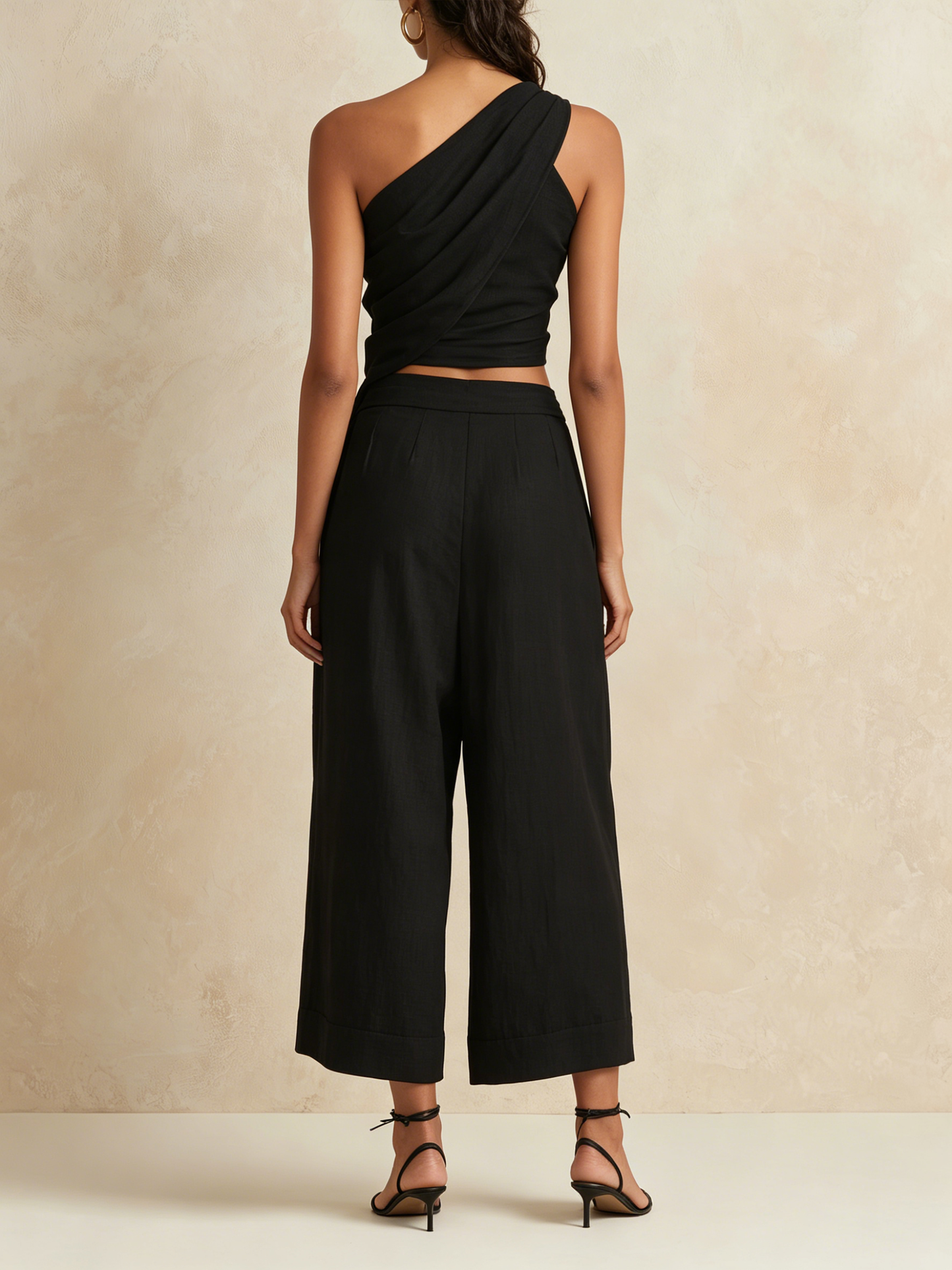 Zwarte Asymmetrische Top met Één Schouder & Hoge Taille Culotte Set