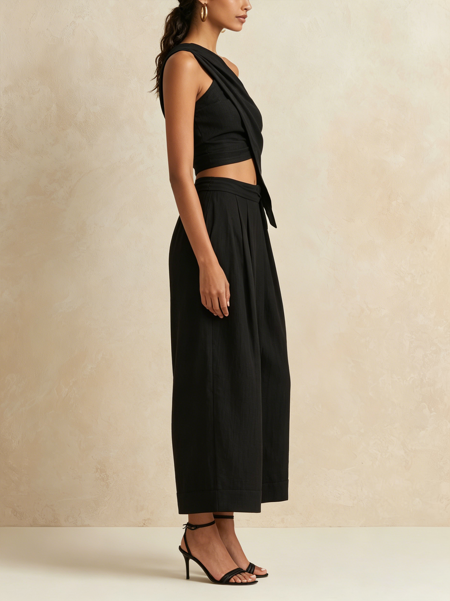 Zwarte Asymmetrische Top met Één Schouder & Hoge Taille Culotte Set