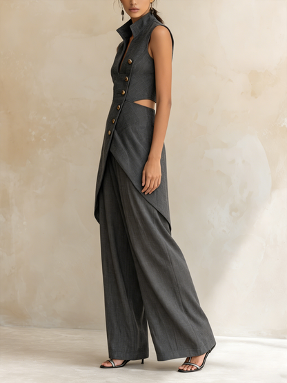 Houten Asymmetrische Cutout Vest & Wijde Pantalon Set