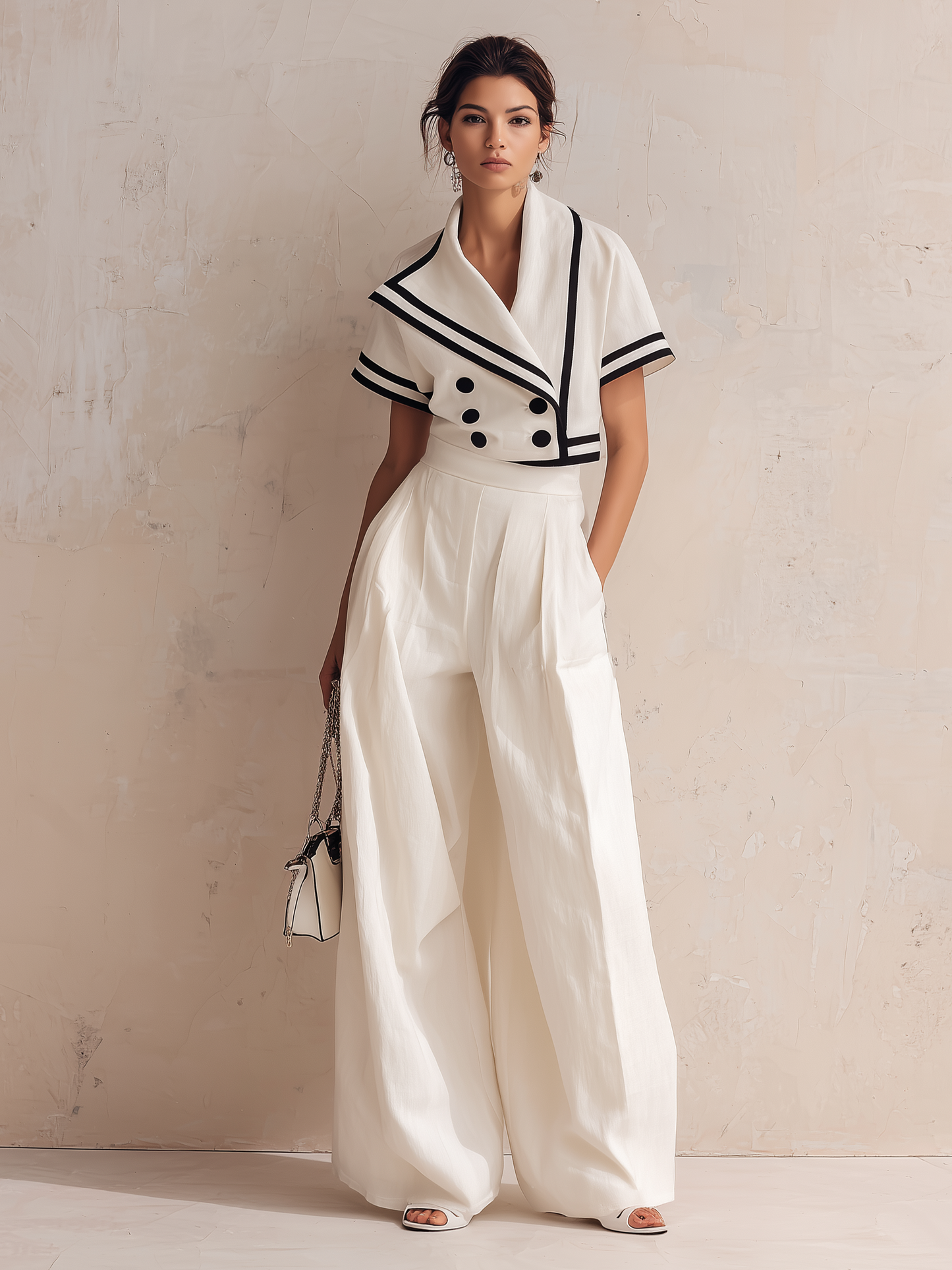 Witte Nautische Trim Blazer & Hoge Taille Wijde Pantalon Set