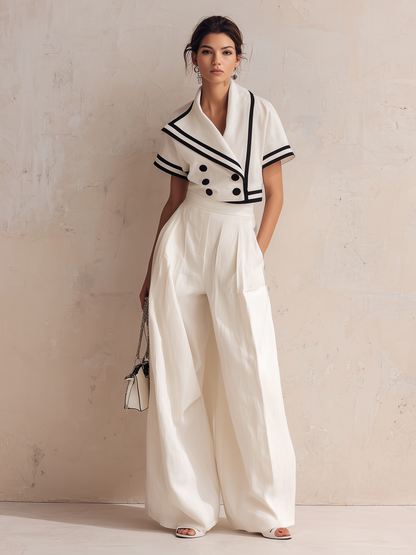 Witte Nautische Trim Blazer & Hoge Taille Wijde Pantalon Set