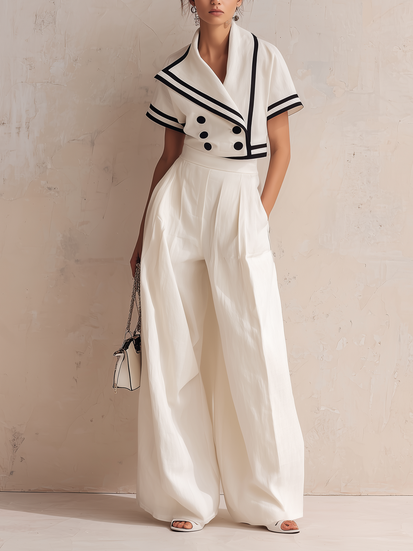 Witte Nautische Trim Blazer & Hoge Taille Wijde Pantalon Set