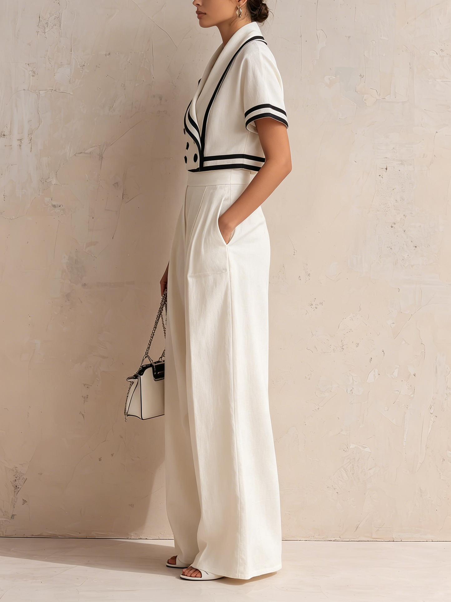 Witte Nautische Trim Blazer & Hoge Taille Wijde Pantalon Set