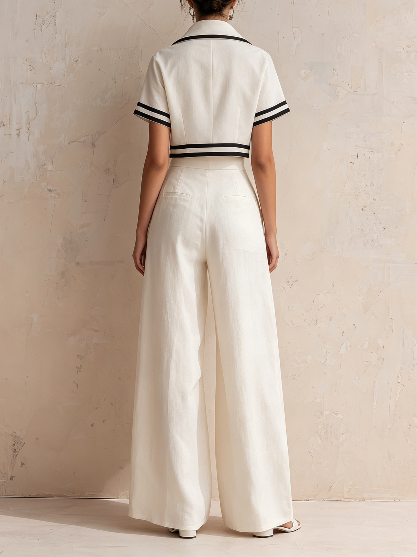 Witte Nautische Trim Blazer & Hoge Taille Wijde Pantalon Set