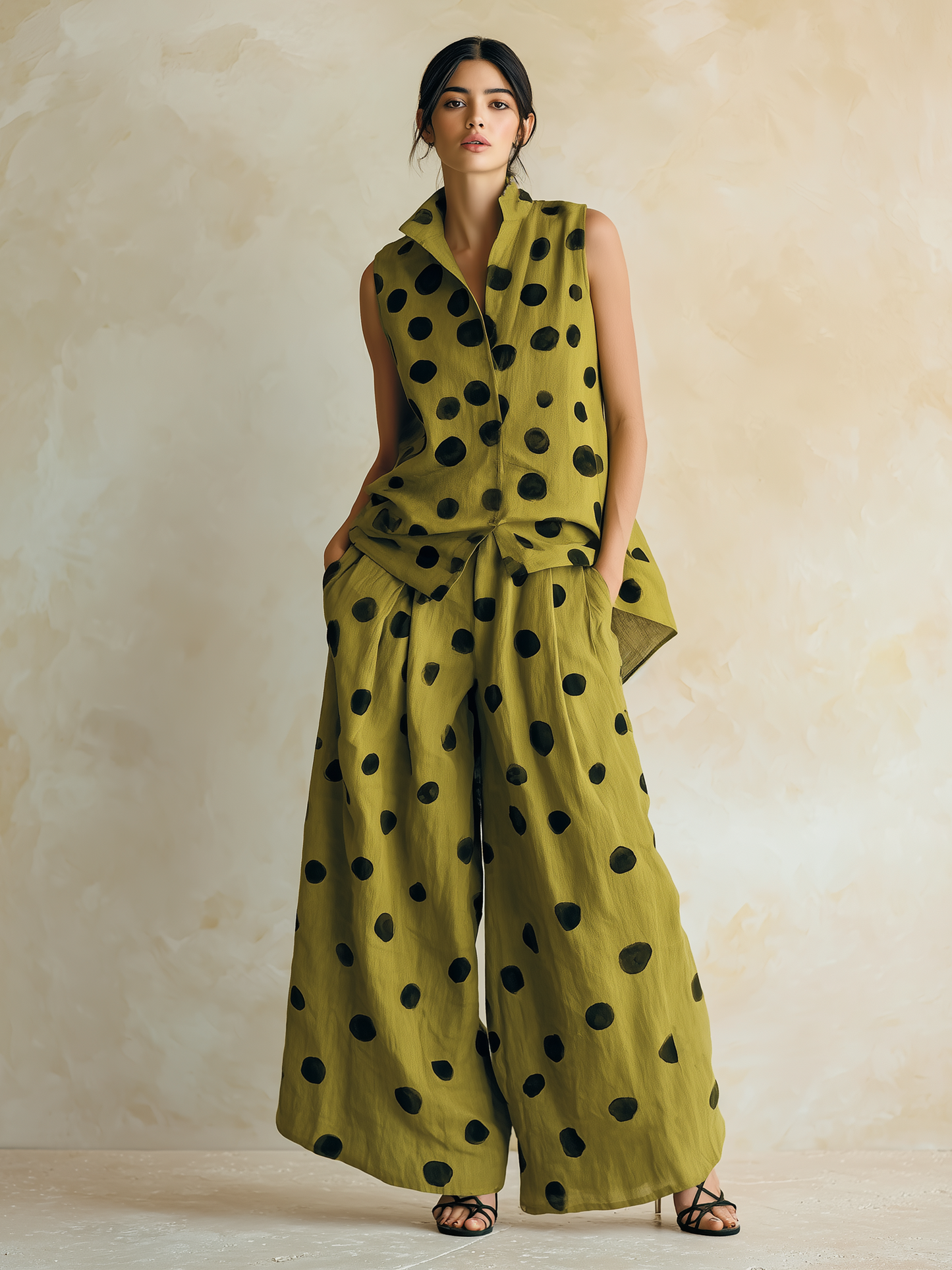 Olijfgroen Polka Dot Twee-Piece Linnen Set | Mouwloos Vest & Brede Pantalons