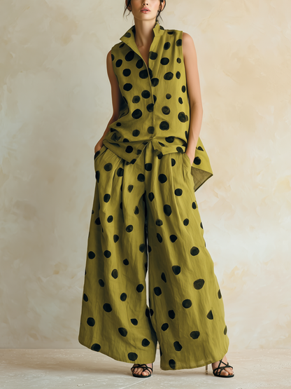 Olijfgroen Polka Dot Twee-Piece Linnen Set | Mouwloos Vest & Brede Pantalons
