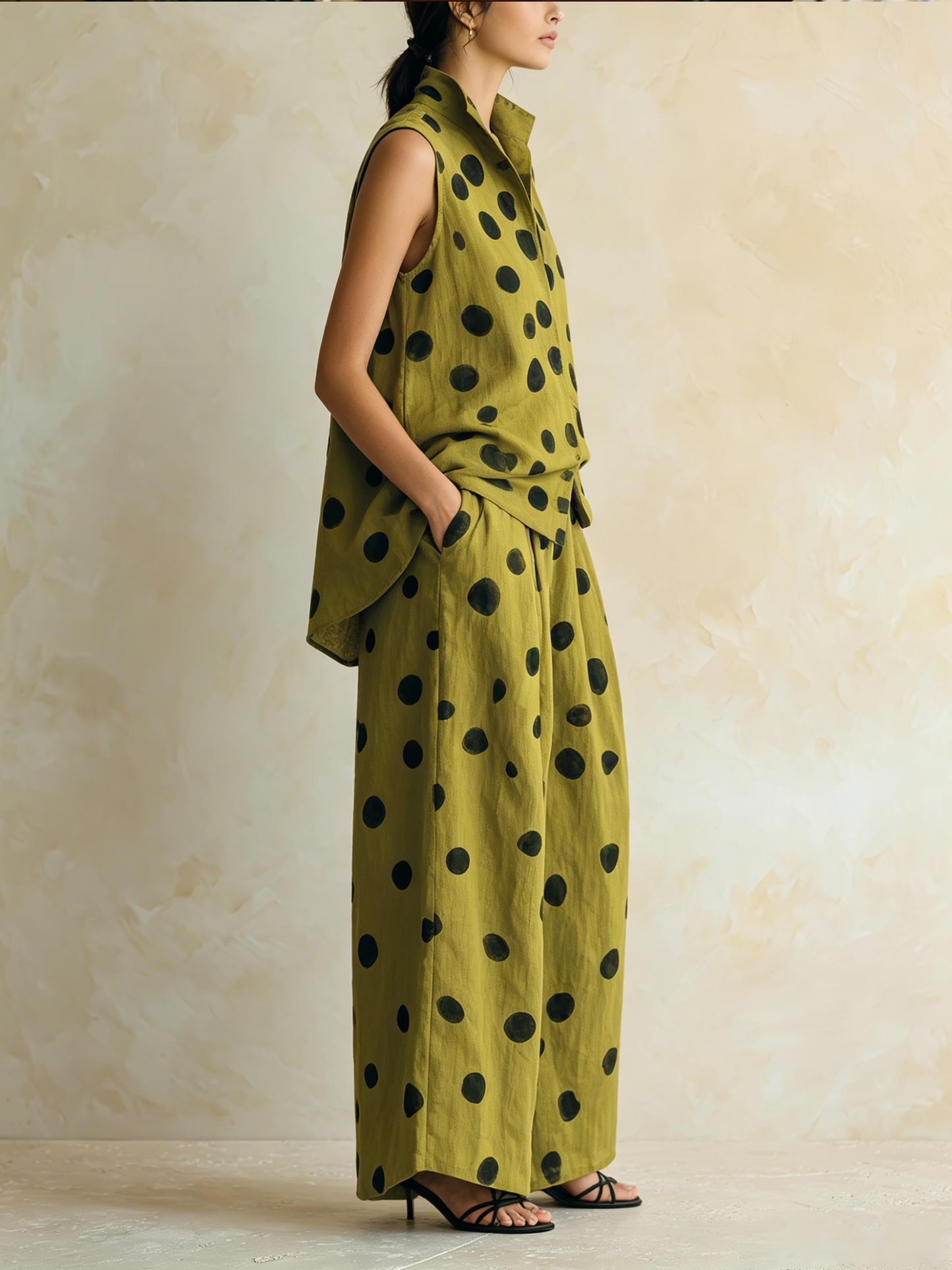 Olijfgroen Polka Dot Twee-Piece Linnen Set | Mouwloos Vest & Brede Pantalons