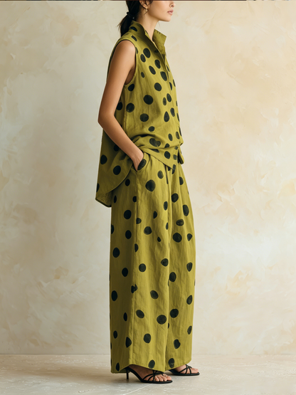 Olijfgroen Polka Dot Twee-Piece Linnen Set | Mouwloos Vest & Brede Pantalons