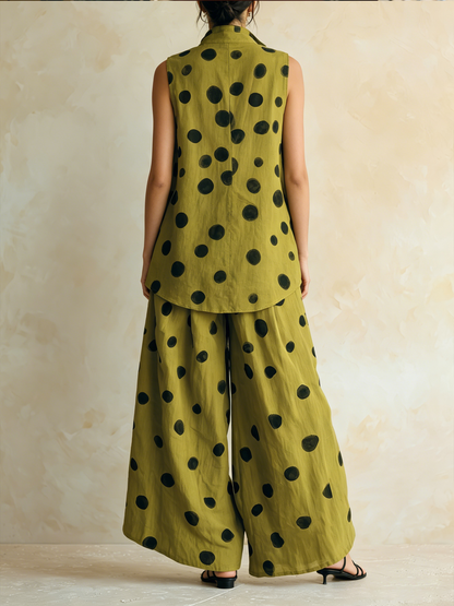 Olijfgroen Polka Dot Twee-Piece Linnen Set | Mouwloos Vest & Brede Pantalons