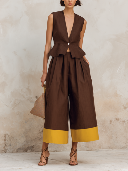 Bruine Linnenmix Peplum Vest & Kleurblok Culotte Set