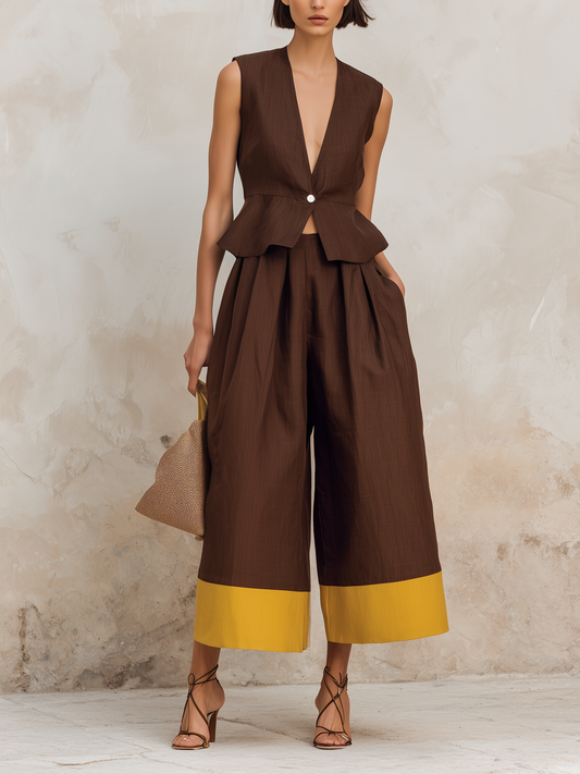 Bruine Linnenmix Peplum Vest & Kleurblok Culotte Set