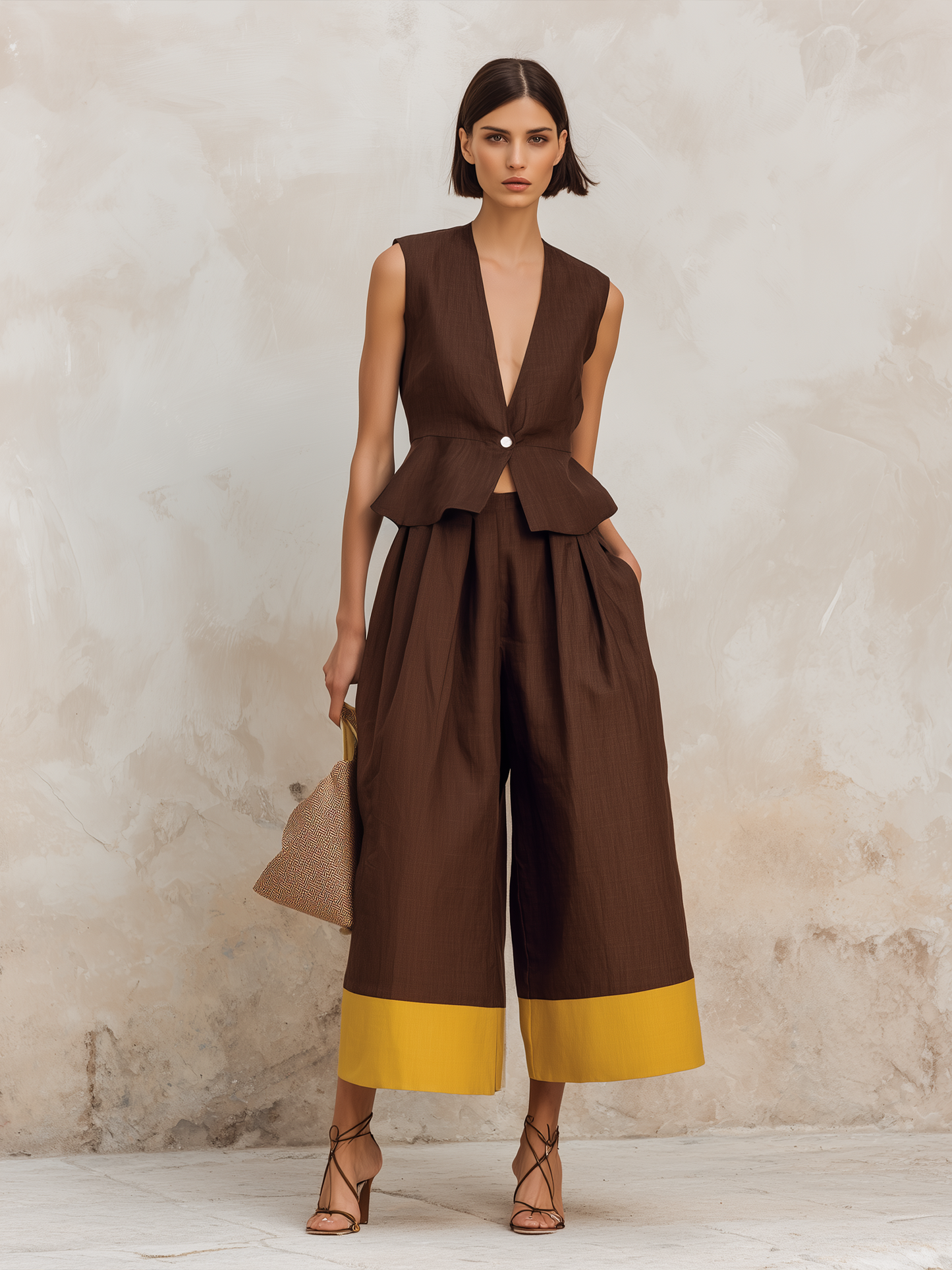 Bruine Linnenmix Peplum Vest & Kleurblok Culotte Set