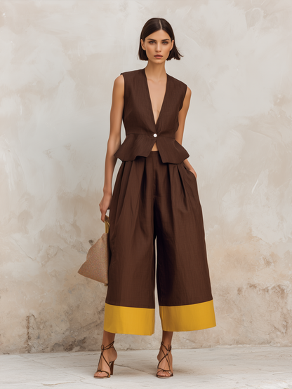 Bruine Linnenmix Peplum Vest & Kleurblok Culotte Set