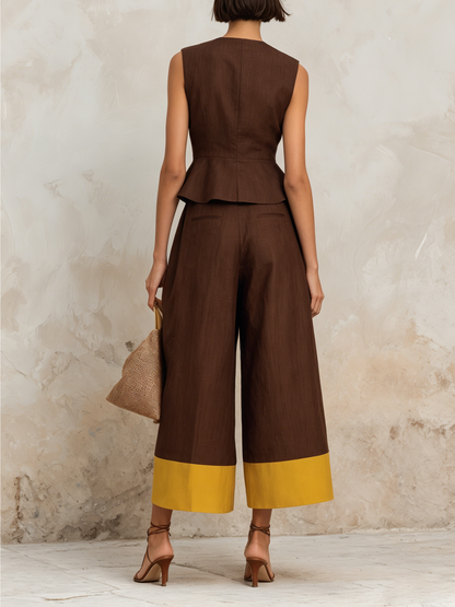 Bruine Linnenmix Peplum Vest & Kleurblok Culotte Set