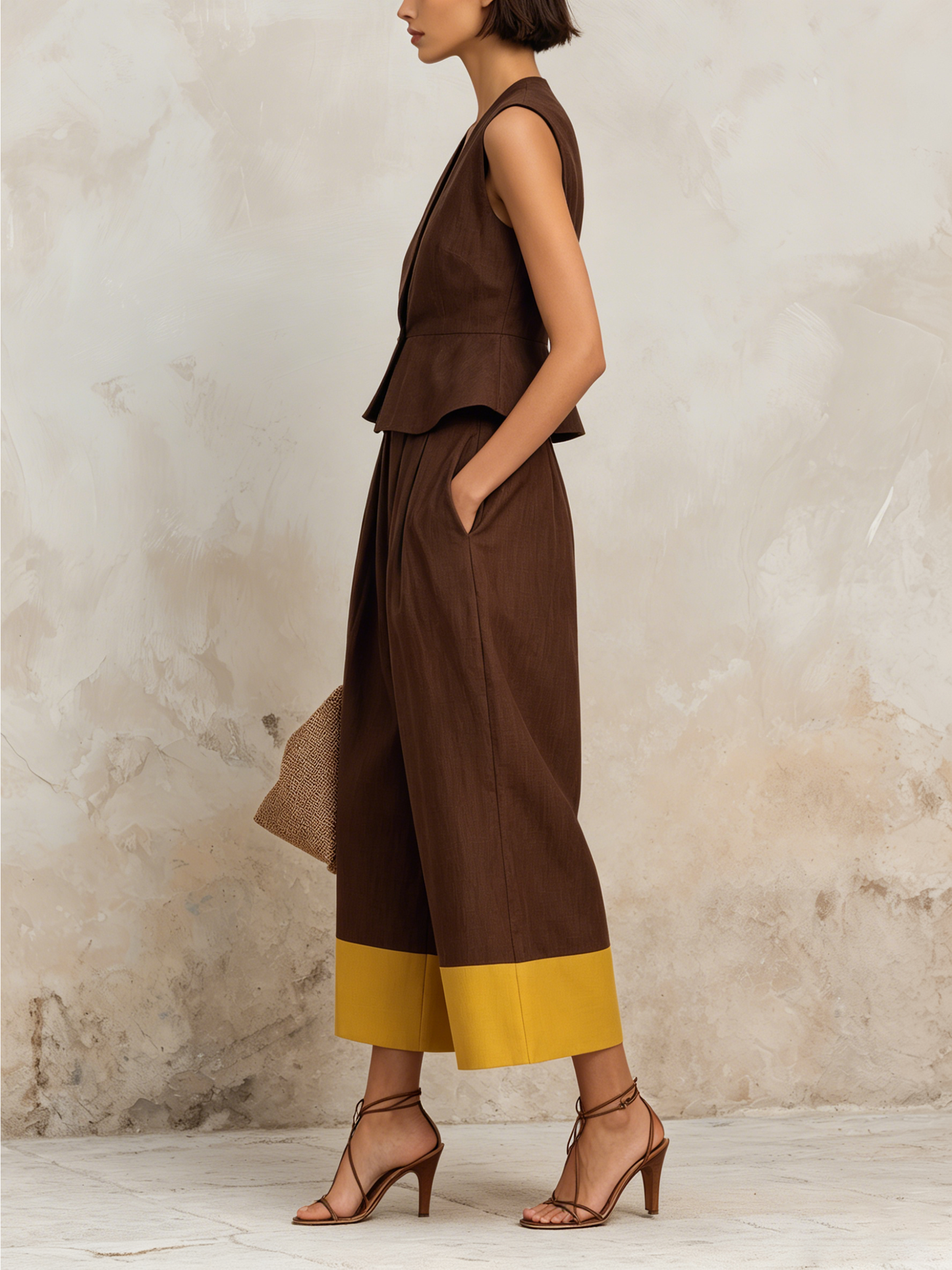 Bruine Linnenmix Peplum Vest & Kleurblok Culotte Set