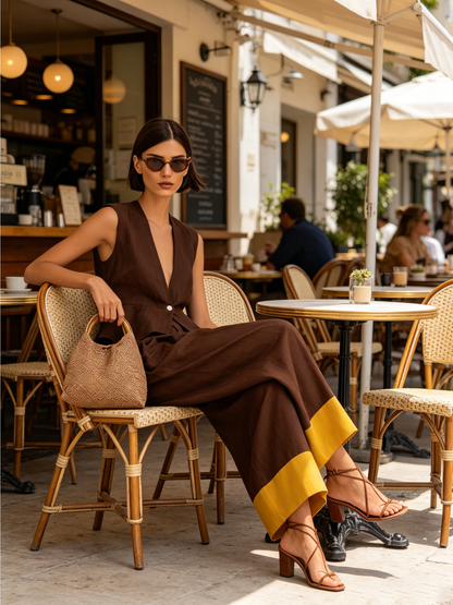 Bruine Linnenmix Peplum Vest & Kleurblok Culotte Set