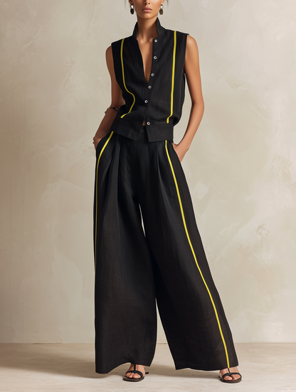 Zwart & Neon Gele Linnenmix Mouwloze Vest & Wijde Pantalon Set